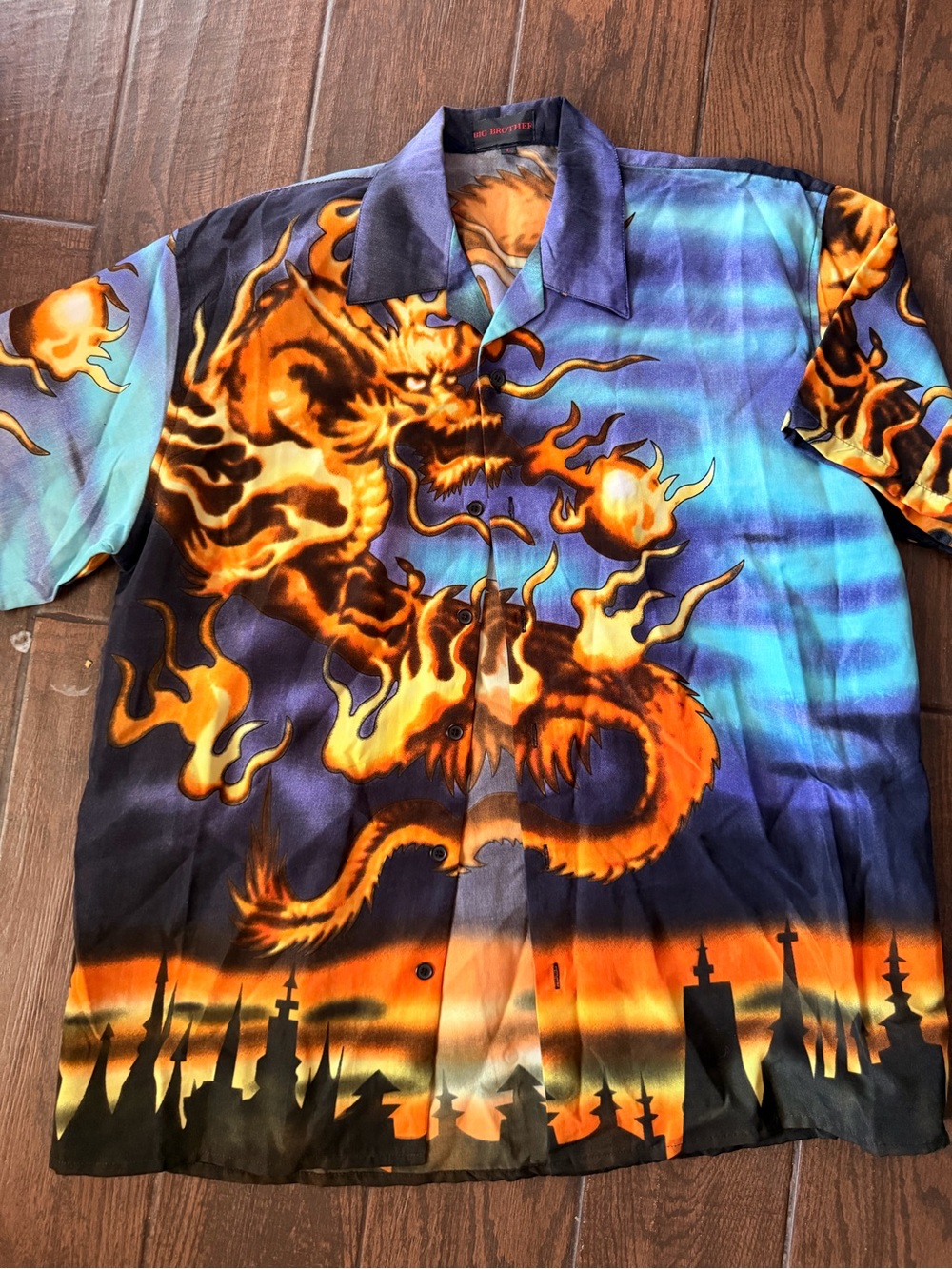 Men's Orange Dragon Print Short Sleeve Button-Down Shirt